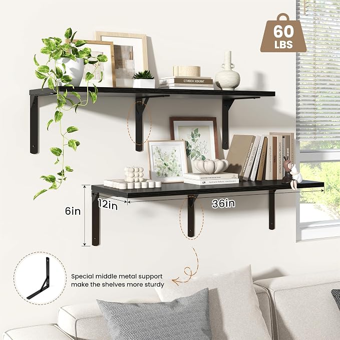 Fun Memories Floating Shelves for Wall, 12 Inch Deep Floating Shelves Set of 2 - Image 4