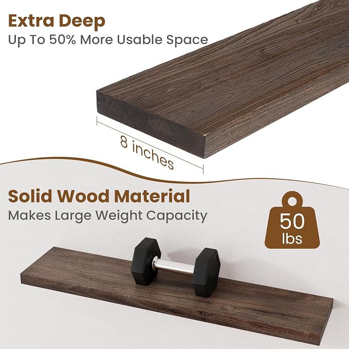 Floating Shelves for Wall Decor, 8 Inch Deep Rustic Solid Elm Wood Floating - Image 5