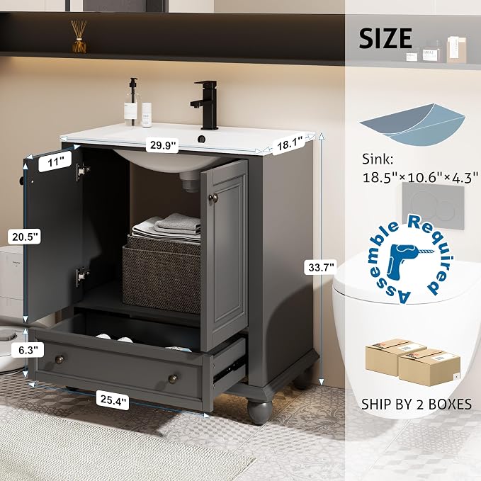 eclife 30" Bathroom Vanity Sink Combo Vintage Style - Image 2
