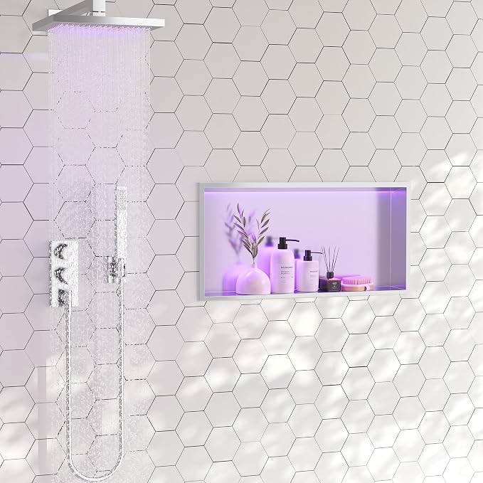 RGB LED Light Shower Niche, Brushed 24X12 in Stainless Steel Wall Cabinet - Image 2