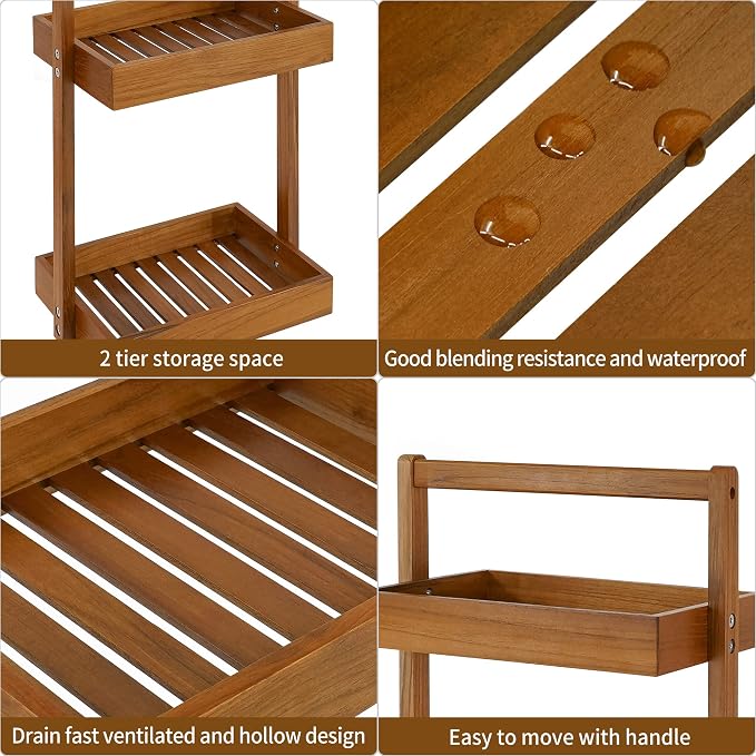 Utoplike Teak Wood Shower Caddy Corner, 2 Tier Bathroom Organizer Countertop - Image 6