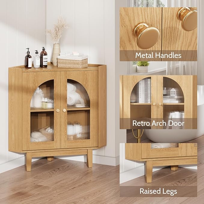 Floor Corner Cabinet with Doors and Shelves, Fluted Storage Cabinet - Image 4