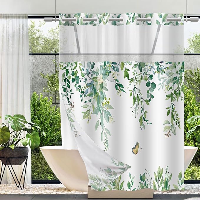 No Hook Shower Curtain and Liner Set, Light Green Eucalyptus Floral Shower by TWLSNCD
