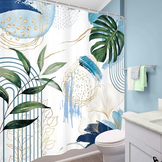 Blue Boho Shower Curtain 72Wx72H Modern Mid Century Abstract Blue Gold Tropical - Image 4