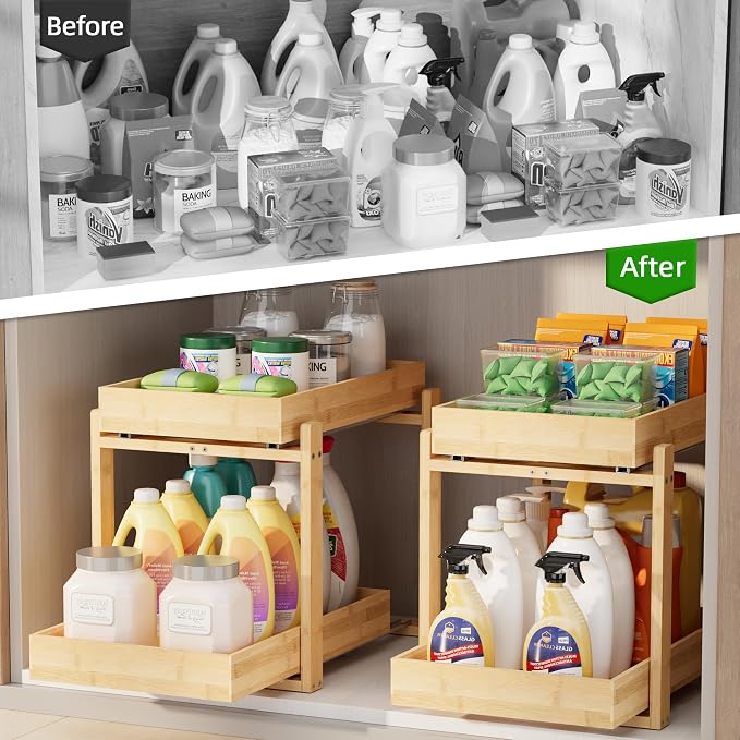 2 Pack Under Sink Organizer, Bamboo Wooden 2-Tier Pull-Out Storage - Image 8