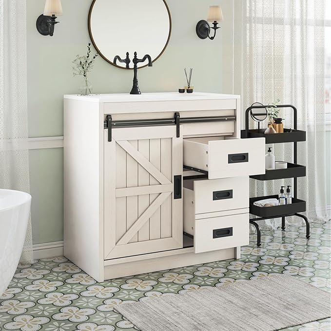 31" Farmhouse Sliding Barn Door Bathroom Vanity by LUXOAKAddMoreStyletoHome