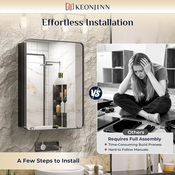 Keonjinn 20 x 32 Inch Black Mirrored Medicine Cabinet, Recessed Medicine - Image 9
