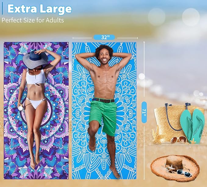 4 Pack Microfiber Oversized Lightweight Beach Towel 71"x32" XL Extra Large Thin - Image 3
