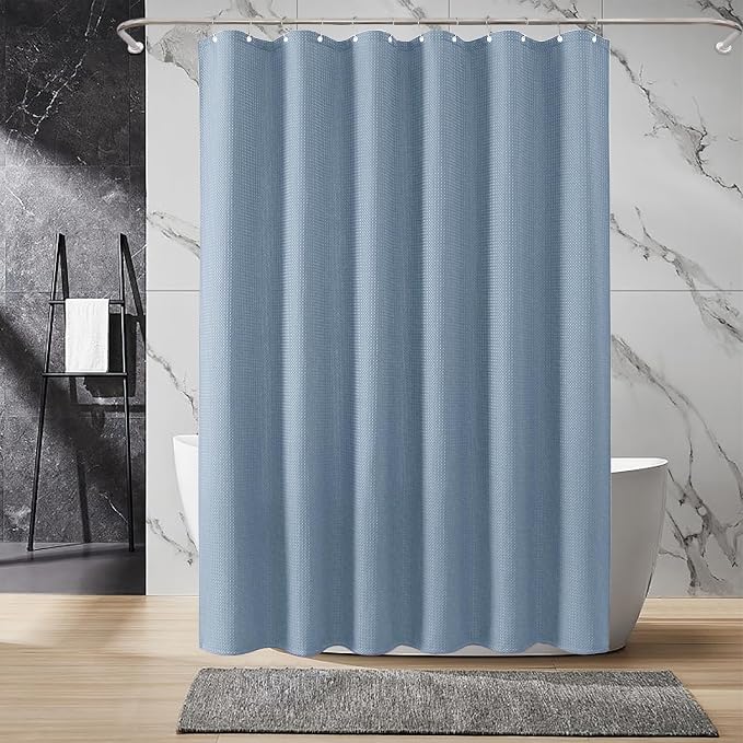 Inhousolu Fabric Shower Curtain Waffle Weave, Fog Blue 230 GSM Heavy Duty - Image 8
