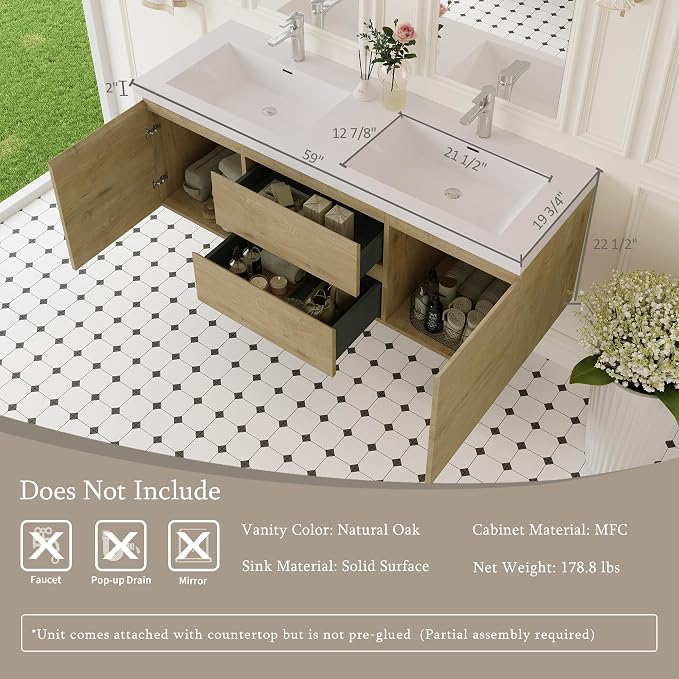 60-Inch Floating Bathroom Vanity, Modern Wall-Mounted Bathroom Storage Vanity - Image 3