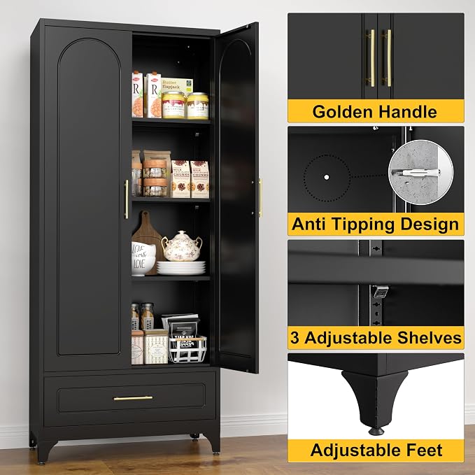 Metal Storage Cabinet with Drawers, 75Inch Black Pantry Cabinets - Image 5