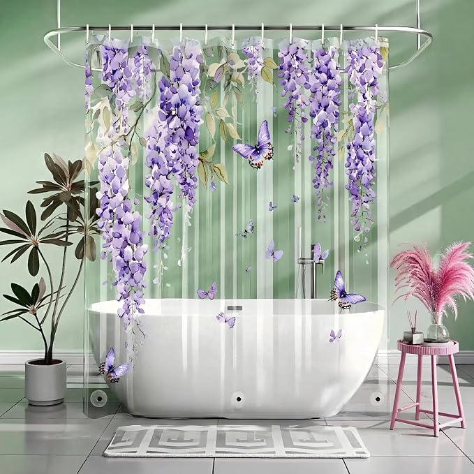 Clear Purple Floral Lavender Butterfly Shower Curtain, Plastic Transparent Cute - Image 8