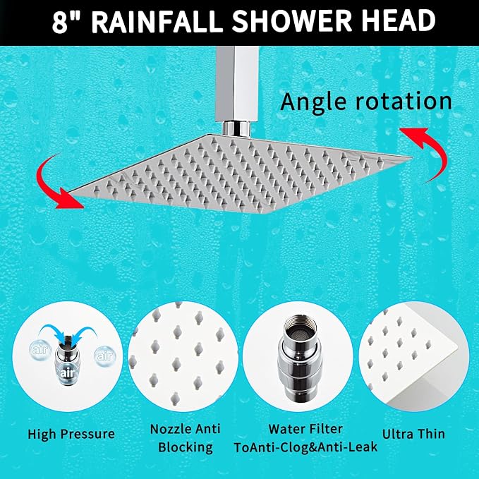 8 Inch Shower Faucet Set, Ceiling Mounted Rainfall Shower System - Image 5