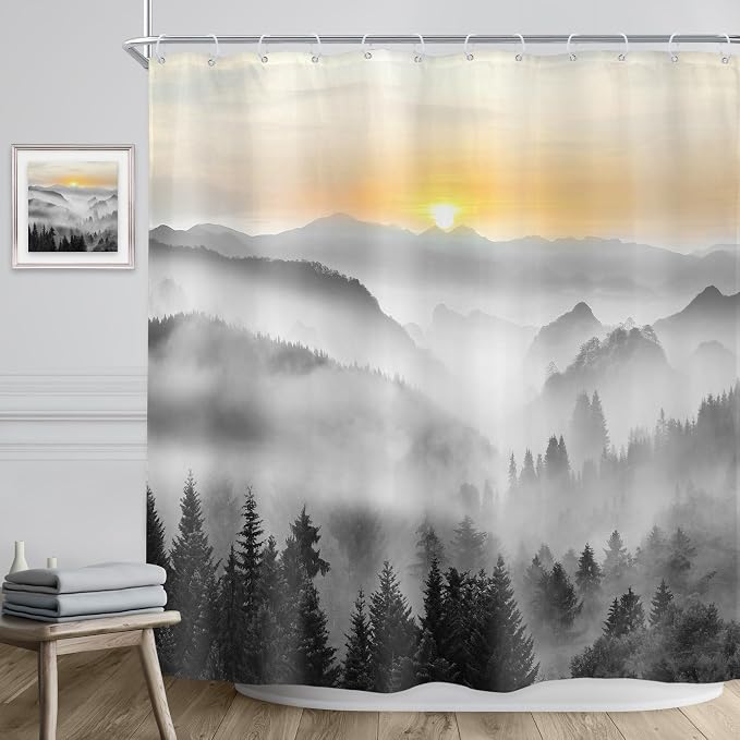 Riyidecor Misty Mountain Shower Curtain 72Wx72H Inch Black Sunrise Foggy - Image 3