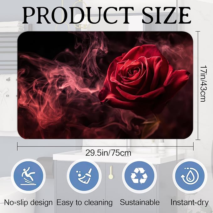 Elightvap Red Rose Bathroom Mat Quick Drying Non Slip Bath Mats Absorbent - Image 2