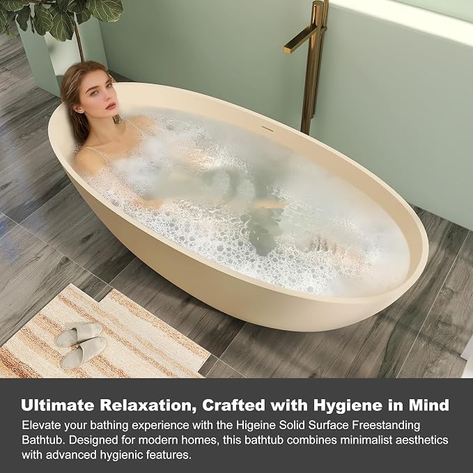 65" Premium Solid Surface Free Standing Bathtub, Upgraded Milky Coffee Design - Image 7