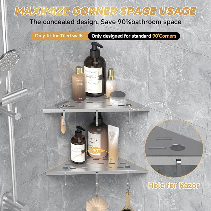 Corner Shower Shelf 10" Silver 304 Stainless Steel Recessed Shelf - Image 5