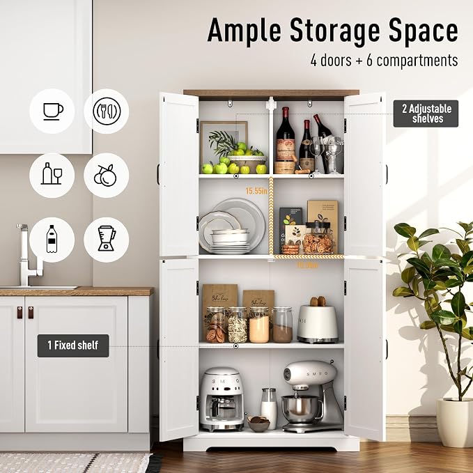 HOSTACK 64" Tall Pantry Cabinet, Modern Farmhouse Kitchen Pantry, Wood Bathroom - Image 5