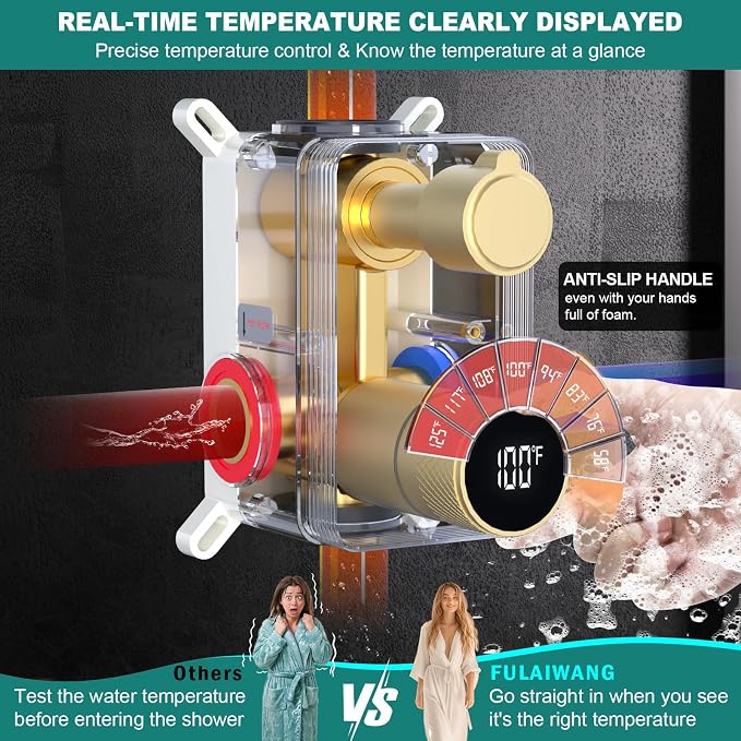 Temperature Display 2 Way Shower Valve Brass Rough-in and Rectangle Trim Kit - Image 6