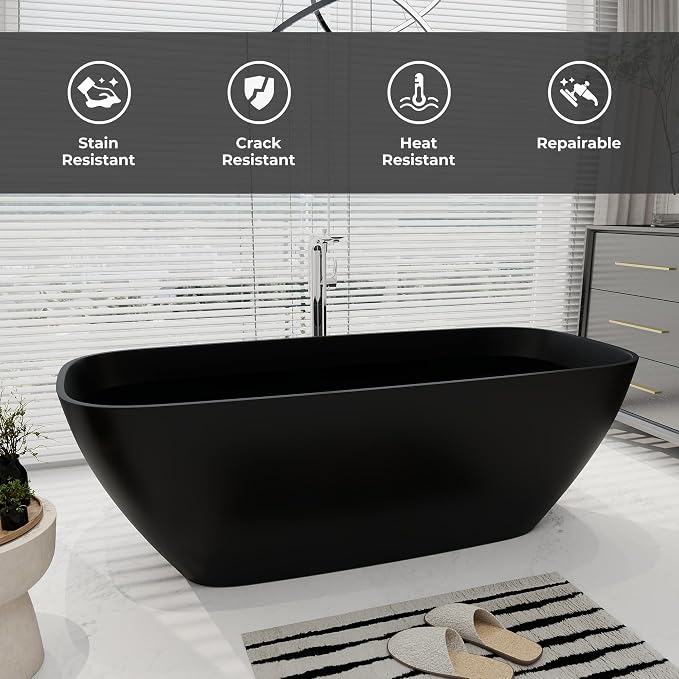SJ STAR&JANE 67" Solid Surface Freestanding Bathtub Oval Stone Resin Soaking - Image 4