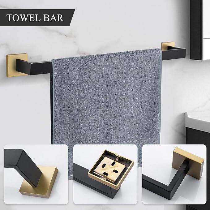 TURS 5-Piece Bathroom Hardware Set Black and Gold Towel Bar Sets Include 24 - Image 2