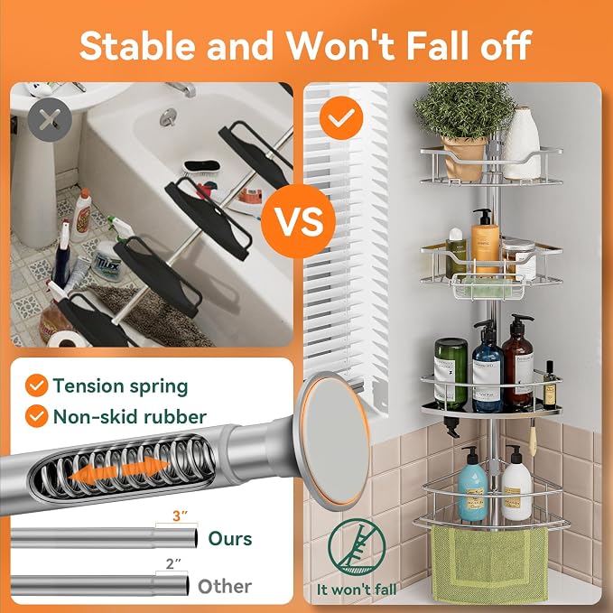 Corner Shower Caddy Tension Pole Rustproof, 4 Tier Adjustable Shower Organizer - Image 3