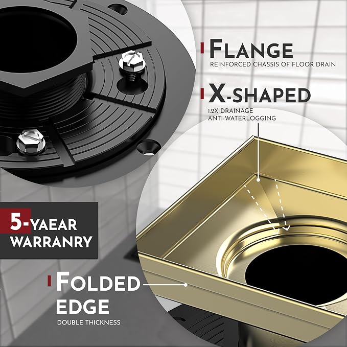 WEBANG 6 Inch Square Shower Drain Gold Floor Drain - Image 3