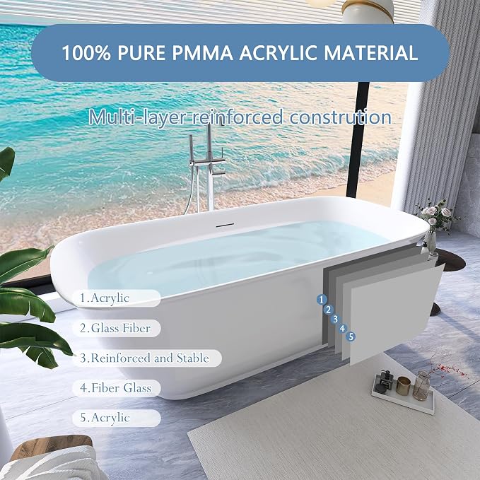 67" Free Standing Tub, Pure Acrylic Freestanding Bathtub, Stylish Stand Alone - Image 5