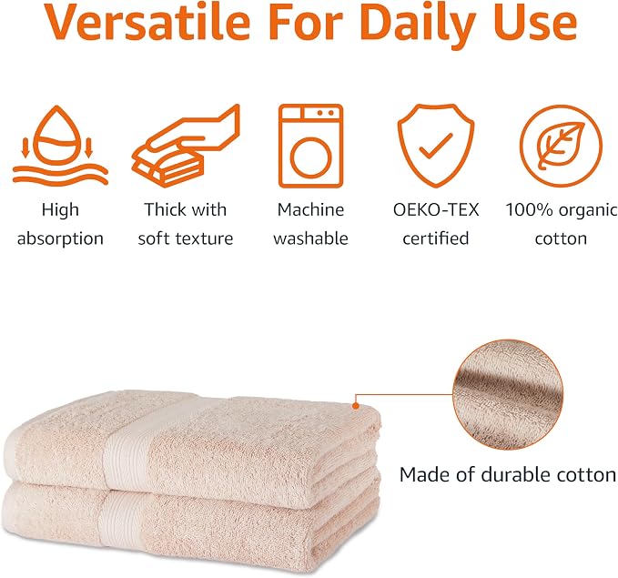 Amazon Basics Fade-Resistant 100% Cotton Bath Towel, 2 Pack, Blush Pink - Image 2