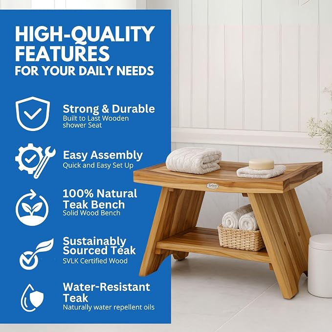 EcoDecors 30 Inch Serenity Teak Shower Bench – Waterproof Bathroom Seat - Image 4