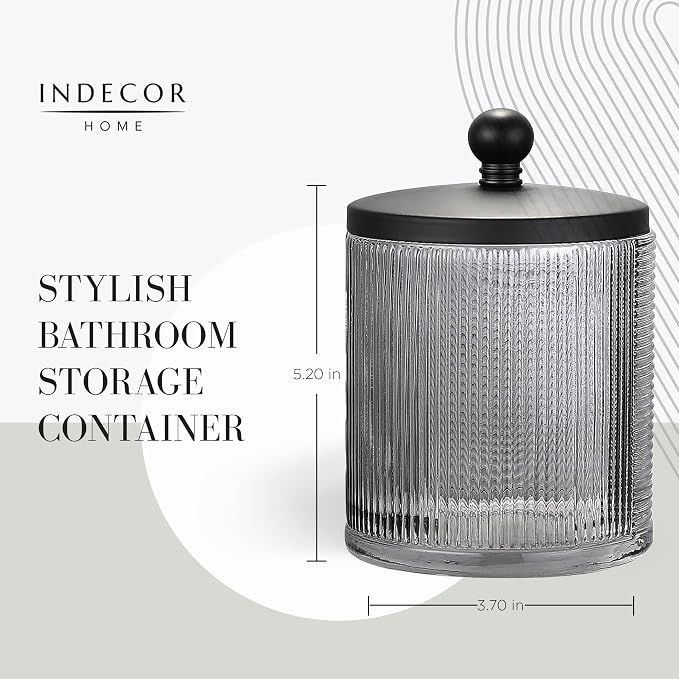 Gray Colored Tranlucent Apothecary Ribbed Geo Etched Glass Jar W/Matte Black - Image 3