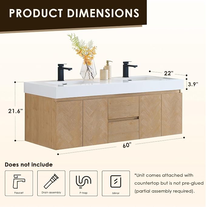 60 Inch Floating Sink Bathroom Vanity Wall Mount Double Vanities Overflow - Image 2