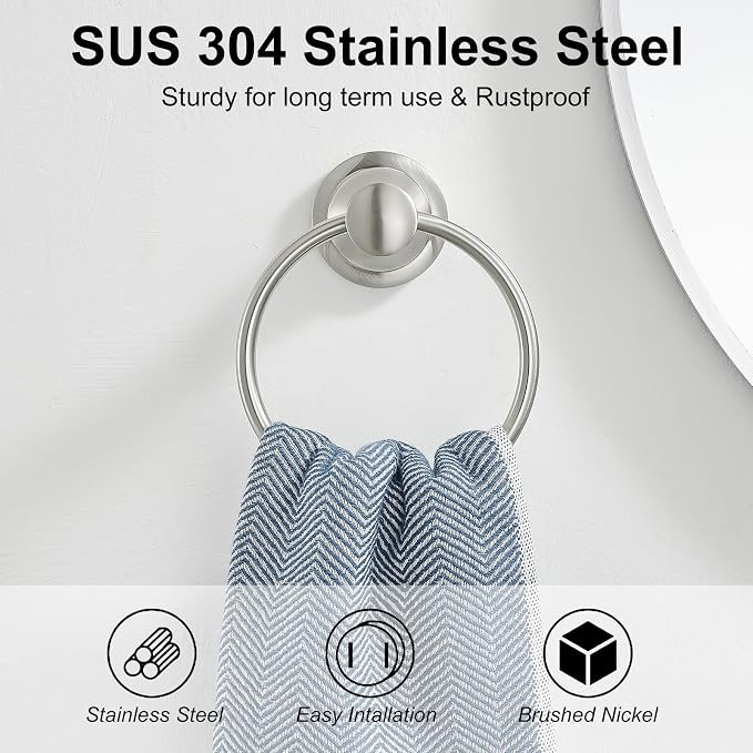 BESy Brushed Nickel Bathroom Hand Towel Ring Towel Holder, Rustproof Wall - Image 2