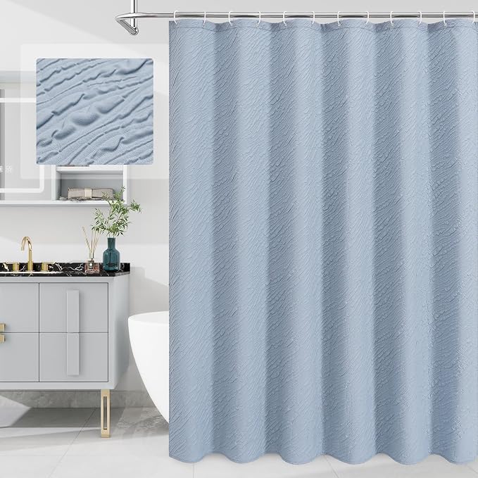 MitoVilla Fog Blue Shower Curtain, Farmhouse Waves Fabric Shower Curtains by MitoVilla