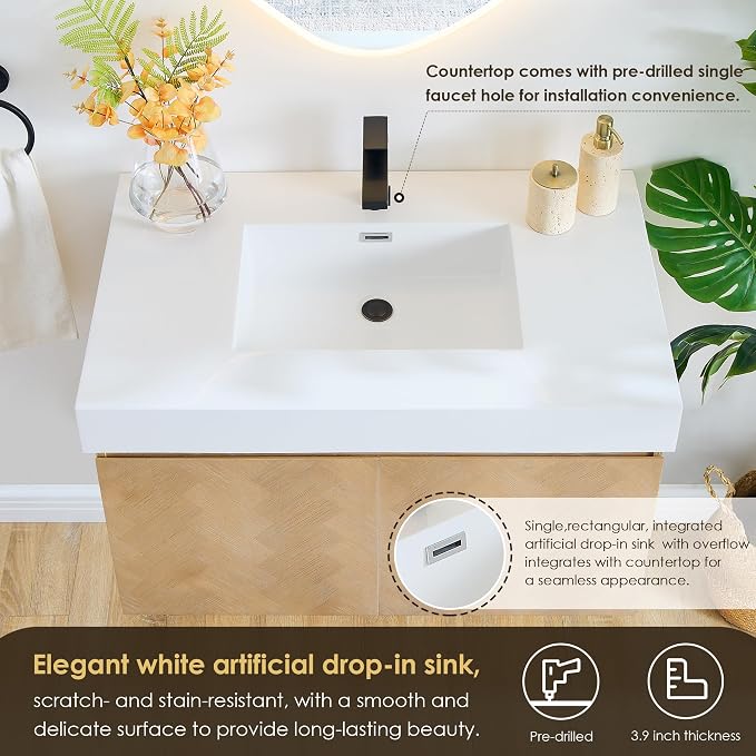 36 Inch Floating Sink Bathroom Vanity Wall Mount Single Vanities Overflow - Image 5