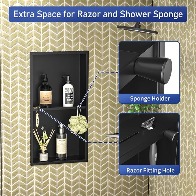 Stainless Steel Shower Niche w/Hooks, Wall Vertical Niche Without Tiling - Image 4