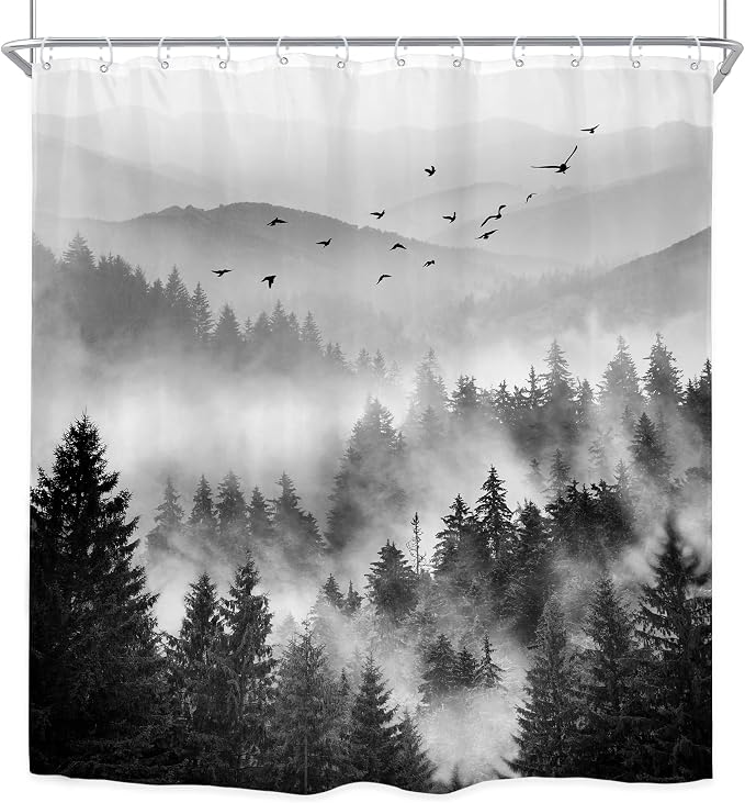 Riyidecor Black and White Shower Curtain 72Wx72H Inch Mountain Scenery Nature - Image 8