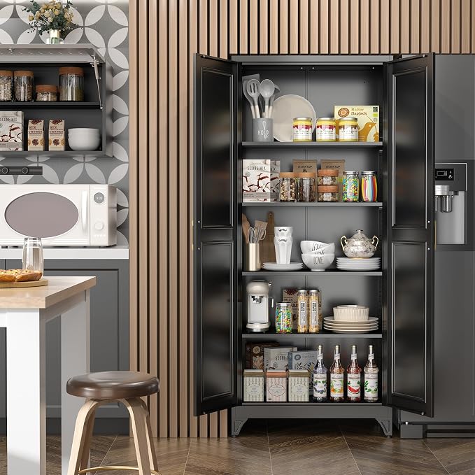 Kitchen Pantry Cabinet, 75”Black Metal Storage Cabinets - Image 2
