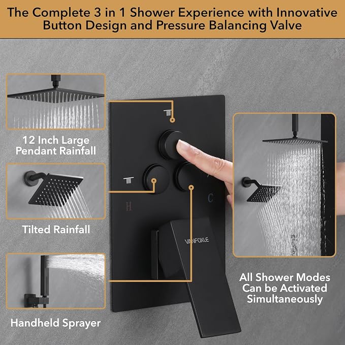 VANFOXLE Shower Faucet Set Matte Black Shower System, Push Button Diverter - Image 3