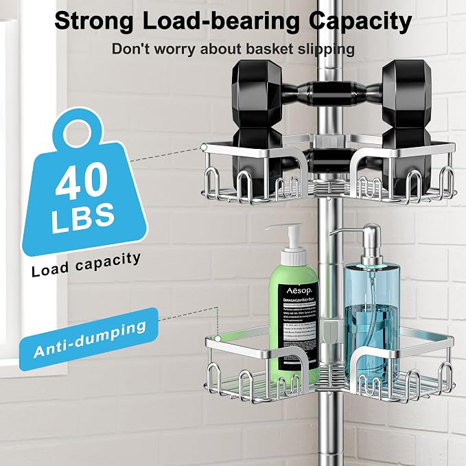 Corner Shower Caddy Tension Pole, 39-113 inch Adjustable Rustproof Floor - Image 5