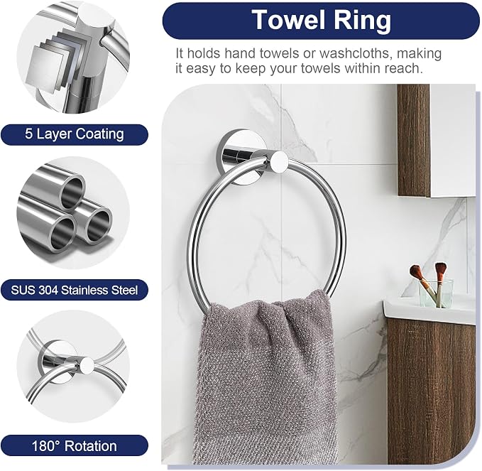 5-Piece Towel Bar Set Polish Chrome Bathroom Hardware Accessories Set Upgraded - Image 3