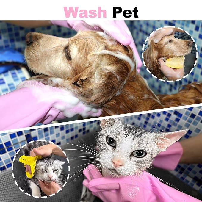 Pet Grooming Gloves and Brush Set, Dog and Cat Bath Scrubber Silicone Gloves - Image 3