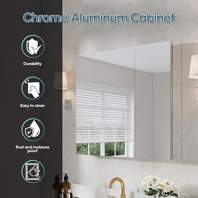 WELLFOR 36" x 30" Rectangle Medicine Cabinet Mirror, Surface Mount or Recessed - Image 3