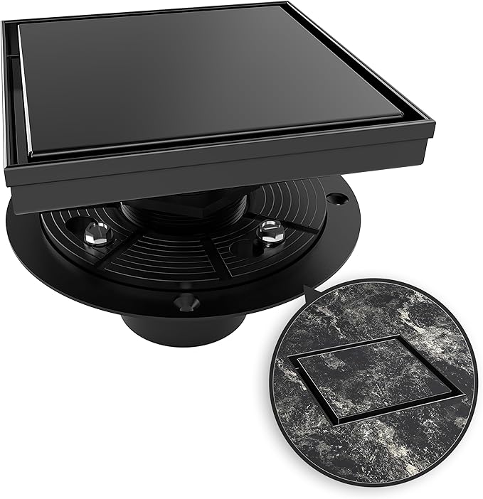 WEBANG 6 Inch Square Shower Drain Black Floor Drain by WEBANG