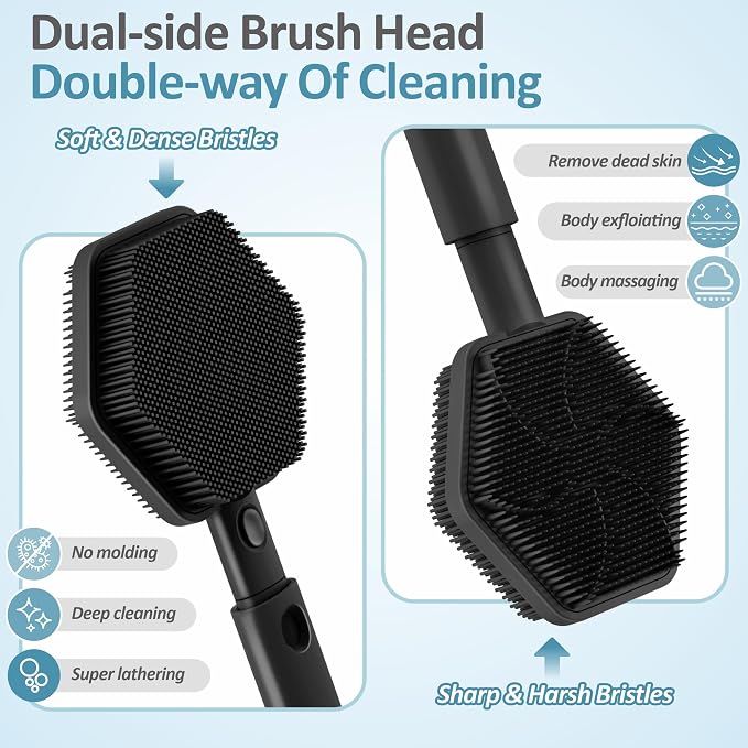 Silicone Back/Face Scrubber & Bath Glove Set 3PCS, Extendable Back Scrubber - Image 8