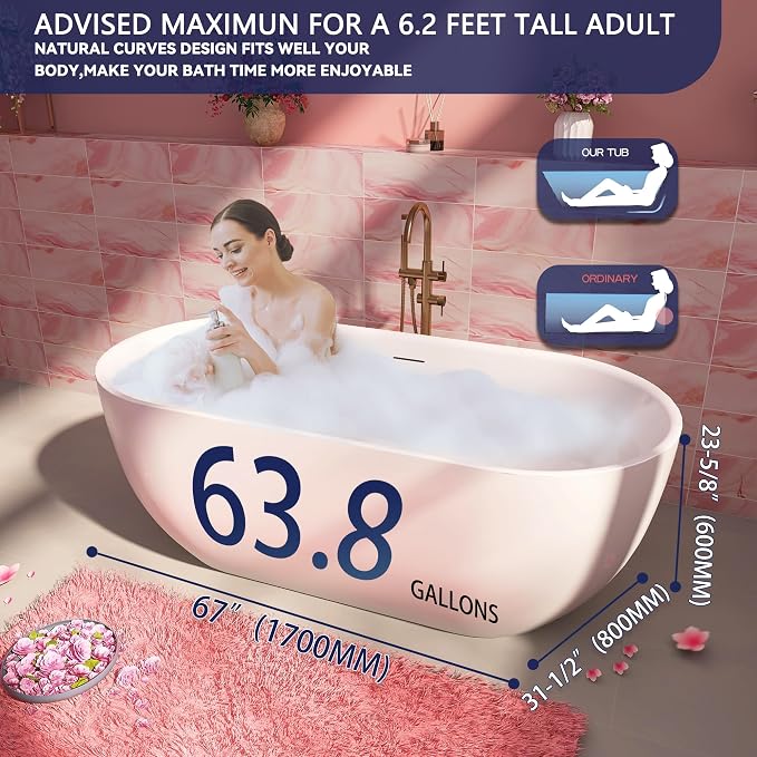 67" Acrylic Free Standing Tub, Stand Alone Tub, Freestanding Bathtub, Soaking - Image 3