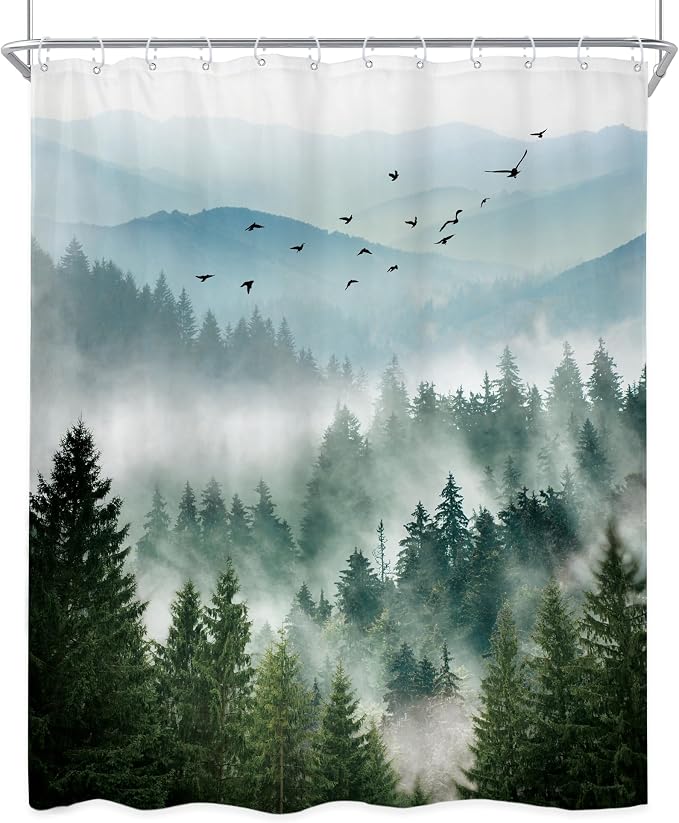 Riyidecor Green Shower Curtain 54Wx78H Inch Long Rustic Mountain Scenery Pine - Image 6