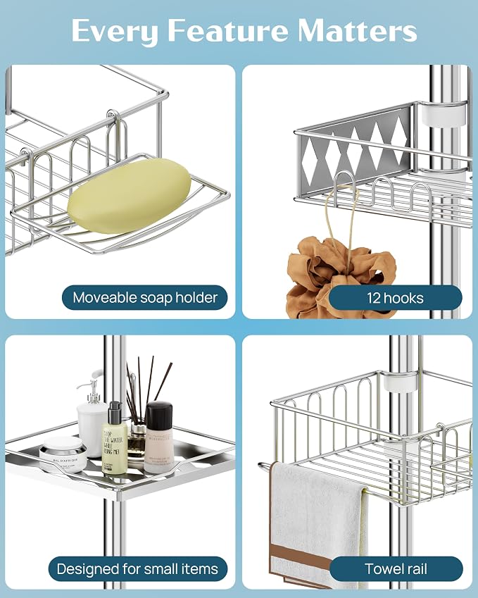 SElRIONE Corner Shower Caddy Tension Pole, Quick Setup, Rust-Free Bathroom - Image 5
