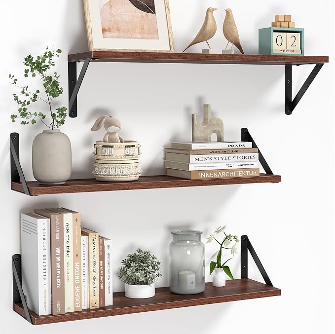 Heimlove Floating Shelves for Wall, 24 Inch Long Wood Floating Shelves Set of 3 by Heimlove