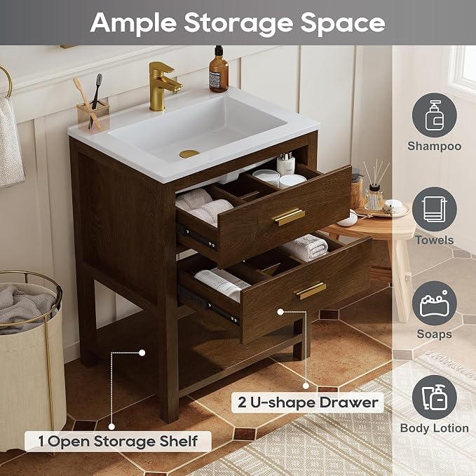 24 Inch Bathroom Vanity with Sink, Farmhouse Storage Cabinet with Drawers & - Image 4